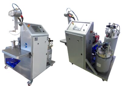 High perfomance 2K injection machine for processing Epoxy at high temperature like 120°C . Machine with variable ratio & flow and degassing system.